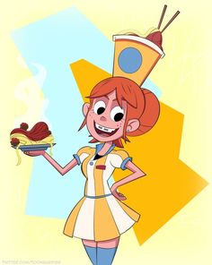 a cartoon character holding a plate with food on it