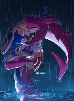 two people hugging each other in the rain with an animal on their back and one person holding