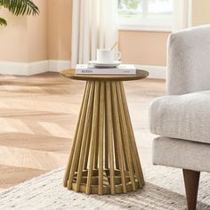 a living room with a chair, coffee table and rug