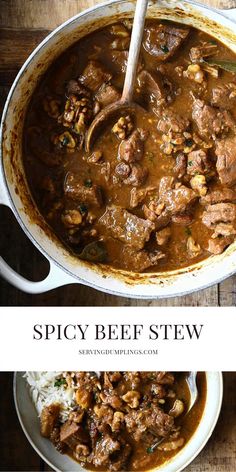 the recipe for spicy beef stew is shown in two different pans with spoons