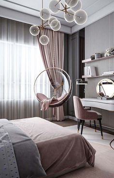 the bedroom is decorated in pink and grey tones