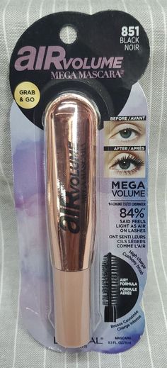 L'Oreal Air Volume Mega Mascara~ 851 Black~ .3 fl oz~ NEW! Item is NEW with original packaging. Mascara that wraps lashes in an intense black formula for a blown out lash look. Light as air formula with a new evolution of volume without weighdown. Puffs up your lashes to mega volume. Cushiony brush to catch and load every lash. See photos for more details. CCC3- CZ Volume Mascara, L Oreal, Loreal Paris, Evolution, Lashes, Packaging, Black