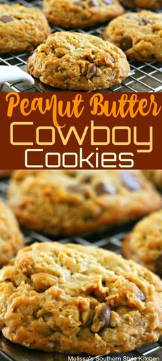 peanut butter cowboy cookies on a cooling rack with the words, peanuts butter cowboy cookies