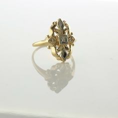 Vintage 14K Yellow Gold Diamond Ring, white gold accents 3.7 grams, diamond center, pierced top design, 5/8 inch across, Ring size 5.75, Circa 1960, 3.7 grams SKU # BB263R08 This listing contains photographs of the actual item you will receive. Our items are in excellent condition with little or no signs of wear and many are one of a kind pre-owned estate finds. Please look closely at the pictures in this listing as they are part of the product description. Please read the description, as any im Art Deco Jewelry In Yellow Gold With Diamond Accents, Art Deco Yellow Gold Jewelry With Diamond Accents, Diamond Signet Ring With 17 Jewels For Anniversary, Antique Diamond Ring For Ceremonial Occasions, Heirloom Diamond Ring For Ceremonial Occasions, Antique Diamond Ceremonial Rings, Vintage Yellow Gold Engraved Ring With Diamond Accents, Vintage Silver Cluster Ring With 14k Gold, Vintage White Gold Jewelry With Diamond Accents