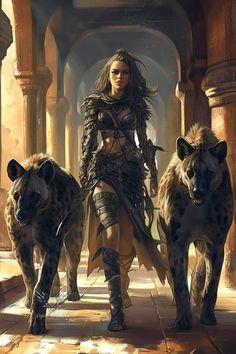 a woman in armor walking with two hyenas