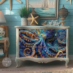 an octopus themed dresser in a blue room