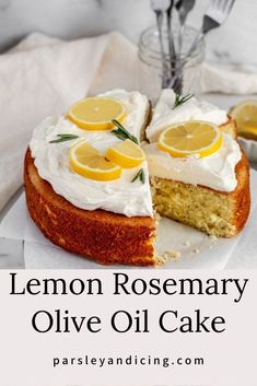 a lemon rosemary olive oil cake on a white plate