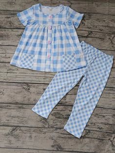 preorder please order 5pcs of this item After order 4-6weeks production time.If you order with other stock items,we will need ship together when they all finished~ Cute Plaid Playtime Sets, Cute Blue School Sets, Silk Production, Baby Skirt, 5 Babies, Legging Pants, Blue Checkered, Milk Silk, Pocket Top