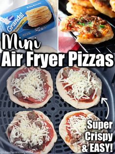 four mini air fryer pizzas with cheese and meat toppings on the top