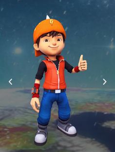 a cartoon character with an orange hat and blue pants is giving the thumbs up sign