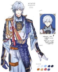 an anime character with white hair and blue eyes, wearing a costume that looks like he is