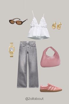 outfit spring, outfit ideas, pink bag, adidas shoes, adidas samba, grey jeans, zara top, summer outfit, sunglasses aesthetic, gold jewellery Pink Adidas Outfit Aesthetic, Grey Jeans Summer Outfit, Pink Adidas Samba Outfit, Grey Jeans Outfit Summer, Pink Samba Outfit, Pink Adidas Shoes Outfit, Pink Gazelle Adidas Outfit, Ss24 Outfits, Adidas Samba Pink