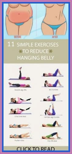 a woman doing yoga poses with the words, 8 simple exercises to reduce hanging belly