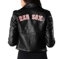 Look confident, classy and chic while repping the Boston Red Sox in this Moto full-zip jacket by The Wild Collective. Along with an abundance of pockets for additional storage, this midweight top features a durable lining that brings long-lasting comfort. While the faux leather design gives off edgy vibes, the Boston Red Sox embroidery and graphics on the front and back showcase your team spirit in this complementary must-have piece. Long sleeve Dry clean only Officially licensed Imported Brand: Sporty Leather Jacket With Zipper Closure For Winter, Sporty Fitted Leather Jacket For Fall, Edgy Vibes, Red Socks Fan, Fenway Park, Fabric Applique, Embroidered Fabric, Leather Moto, Fashion Socks