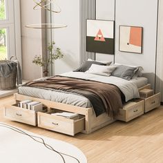 Queen Size Platform Bed With 6 Storage Drawers Full Size Bed Storage, Cluttered Bedroom, Floor Bed Frame, Bed Frame With Drawers, Wooden Platform Bed, Queen Size Platform Bed, Modern Platform Bed, Full Size Bed Frame, Platform Bed With Storage