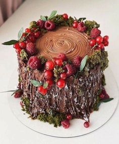 a chocolate cake decorated with berries and greenery