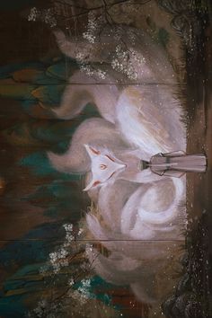 a painting of a white cat with an umbrella in it's mouth