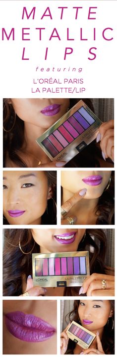 Matte metallic lips with L'Oreal La Palette Lip kit in Plum. Use purple matte shade 6 as a base and then apply lavender highlighter shade 8. Blend and define with the brush. Lip Color Palette, Red Lip Color, Lipstick Palette, Metallic Lips, Lipstick Kit, Matte Metallic, Lip Kit, Red Lip, Beautiful Lips