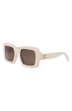 Polished logos at the temples add a sleek, minimalist vibe to Italian-made sunglasses that are ready to make a retro-chic statement. 56mm lens width; 23mm bridge width; 140mm temple length 100% UV protection Acetate Made in Italy Classic Beige Sunglasses With Uv Protection, Luxury Beige Sunglasses With Gradient Lenses, Modern Cream Sunglasses With Uv Protection, Modern Cream Sunglasses With Square Frame, Modern Cream Sunglasses With Polarized Lenses, Modern Cream Sunglasses With Tinted Lenses, Cream Square Frame Sunglasses With Tinted Lenses, Chic Beige Square Frame Sunglasses, Modern Cream Square Frame Sunglasses