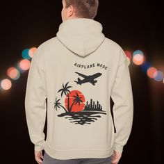 The perfect attire for travel enthusiasts who dream of adventure! This cozy hoodie features a sleek airplane design accompanied by the iconic phrase 'Airplane Mode', a reminder to disconnect and embrace the thrill of exploration. Crafted with comfort in mind, it offers a snug fit and warmth for those chilly travel days or casual outings. Whether you're jet-setting across continents or simply dreaming of your next destination, let this hoodie be your companion, igniting your passion for travel with every wear! This hoodie fits like a normal unisex sweater so if you order your normal size, then it will be a nice relaxed fit. If you want an oversized sweater, then I would size up 1-2 sizes. But feel free to lay a hoodie you like the fit of at home flat and measure from armpit to armpit and co Urban Crew Neck Hoodie For Outdoor Activities, Crew Neck Sweatshirt With Double-lined Hood For Outdoor, Letter Print Crew Neck Hoodie For Adventure, Crew Neck Letter Print Hoodie For Adventure, Casual Hooded Sweatshirt For Adventure, Adventure Graphic Print Hooded Hoodie, Sporty Hooded Hoodie For Adventure, Casual Adventure Hoodie With Drawstring Hood, Adventure Cotton Hoodie With Letter Print