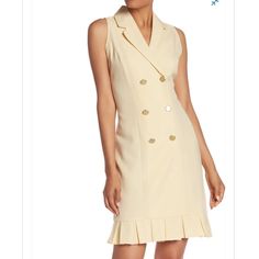 This Double Breasted Sleeveless Dress Gives Off Professional, Business Woman Vibes While A Pleated Hem Adds A Fun Accent. - Notch Lapel - Sleeveless - Double Breasted - Solid - Pleated Hem - 75% Polyester, 20% Rayon, 5% Spandex - Machine Wash Cold Nwt Sleeveless Beige Lined Mini Dress, Cream Sleeveless Mini Dress For Work, Fitted Sleeveless Beige Dress With Ruffles, Cream Sleeveless Mini Dress For Formal Occasions, Fitted Beige Sleeveless Dress With Ruffles, Formal Cream Sleeveless Mini Dress, Business Woman Vibes, Navy Summer Dress, White Skater Dresses