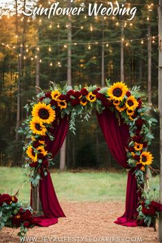 Sunflower wedding ceremony decorations wedding ceremony arch with burgundy roses Check more at https://howcandothis.com/weddingideas/sunflower-wedding-ceremony-decorations-wedding-ceremony-arch-with-burgundy-roses/ Fall Sunflower And Rose Wedding Theme, Wedding Ideas Sunflowers And Roses, Roses Sunflowers Wedding, Wedding Arch Ideas Burgundy, October Wedding Flower Ideas, Wedding Decor Sunflowers And Roses, Red Roses And Sunflower Wedding Decor, Wedding Flowers Sunflowers And Roses, Black Red And Yellow Wedding