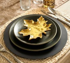 Gold Maple Leaf Stoneware Appetizer Plate | Pottery Barn Thanksgiving Plate Setting, Thanksgiving Pottery, Pottery Barn Thanksgiving, Thanksgiving Plate, Plate Setting, Plate Pottery, Harvest Celebration, Decor Pottery, Appetizer Plate