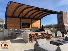 an outdoor kitchen and grill area is shown in this 3d image with the roof open