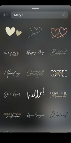 an iphone screen with different types of writing on the screen and hearts drawn on it