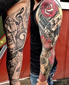 a man's arm covered in tattoos and music notes, roses, and other musical instruments