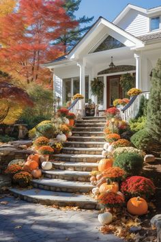 a house with pumpkins and gourds on the steps