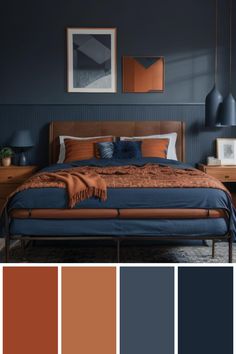 a bedroom with blue walls and orange accents, including a bed in the foreground