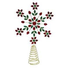 a christmas tree decoration with red flowers and green leaves on it's top, in the shape of a snowflake