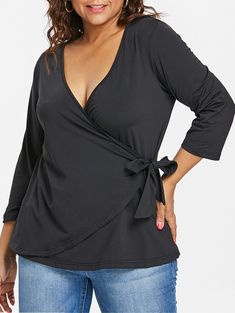 Plus Size Plunging Neck Self Tie Top - Black - 3N86980216 - Original Design-Women's Clothing  #OriginalDesignWomensClothing #Original #DesignWomen's #Clothing Self Tie Top, Low Cut Top, Fur Clothing, Cheap Blouses, Plunging Neck, Cut Top, Plus Size Womens Clothing, Tie Top, Sportswear Women