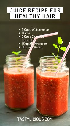 two mason jars filled with red liquid and green sprouts, labeled juice recipe for healthy hair