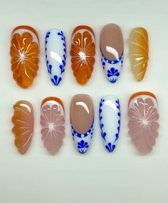 Orange And Blue Nails Design, Blue Fruit, Luxury Press On Nails, Blue Fruits, Vibrant Nails, Orange Nails, Nail Sizes, 3d Nails