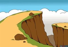 an animated scene of a cliff with rocks and grass in the foreground, against a cloudy blue sky