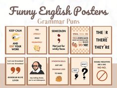 funny english posters for the classroom to use in their language class, including words and pictures