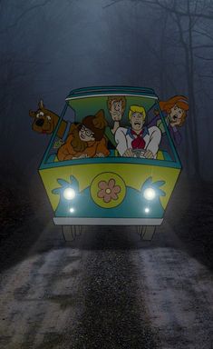 an animated car driving down a road in the dark with people on it's roof