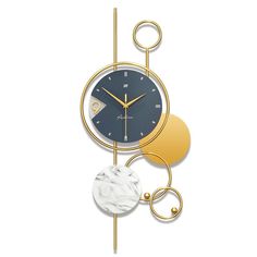 a gold and blue clock with two circles on the face, hanging from a metal rod