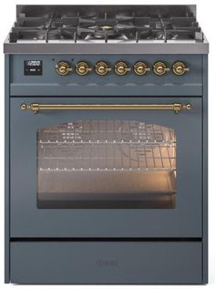 ILVE Nostalgie II 30 Inch Dual Fuel Natural Gas Freestanding Range in Blue Grey with Brass Trim UP30NMPBGG - Farmhouse Kitchen and Bath Freestanding Range, Dual Oven, Induction Range, Dual Fuel Ranges, Brass Trim, Iron Grate, Range Cooker, Gas Burners, Built In Ovens