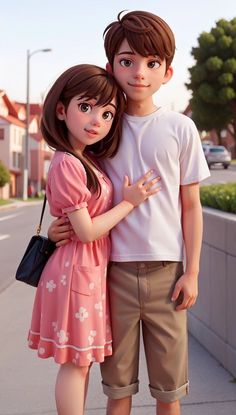 a young boy and girl standing next to each other on the sidewalk with their arms around each other