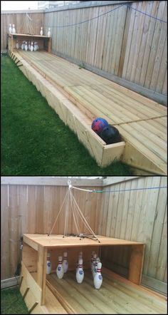 two pictures of a wooden bench with bowling balls in it