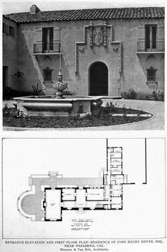 an old house with two floors and a pool in the front, and another floor plan for