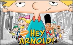 the cartoon poster for hey arnold is shown in front of a group of people