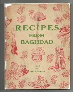 an old book with pictures of people and food on the cover, in red ink