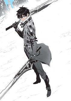 an anime character holding two swords in his hand and walking on the snow covered ground