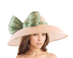 Baby Pale Blush Pink Olive Green Derby Hats Royal Ascot Church Ladies Race Day Tea Garden Party Wide Brim Wedding Formal Woman Bow Headwear Pale Pink Baby Pink & Olive Green Saskia Large Formal Ascot Hat for Kentucky Derby Church Weddings Classic Audrey Hepburn Style Pale Blush Pink Dome Down Turned wide brimmed sinamay hat trimmed with olive Green abacca silk trim The brim on the Saskia formal hat measures 41 cm side to side with a crown height of 11cm The pale blush pink and olive green Saskia Feminine Fitted Hat For Garden Party, Beige Fascinator For Garden Party, Summer Feminine Fitted Fascinator, Summer Feminine Fascinator, Feminine Summer Wedding Hats, Feminine Fitted Hats For Spring, Feminine Mini Hats For Weddings, Fitted Feminine Spring Hats, Feminine Fitted Spring Hat