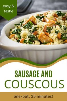 sausage and couscous with spinach in a white bowl