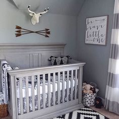 a baby's room with a crib, rug and deer head on the wall